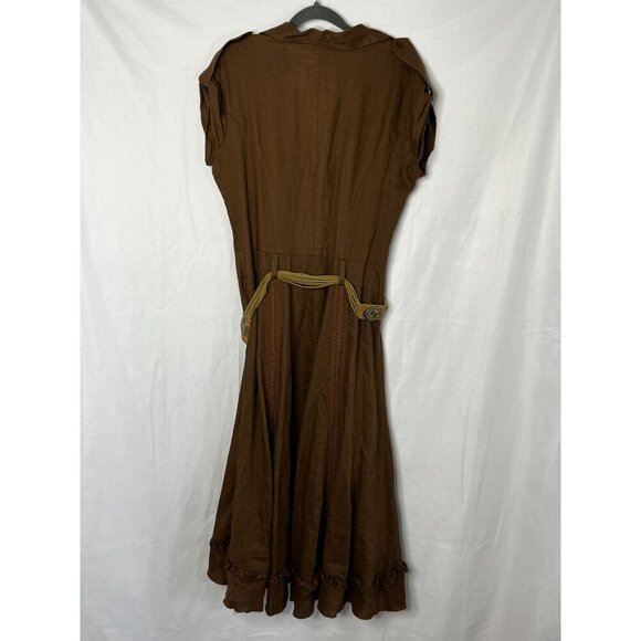 Sunny Leigh Vintage Hi-Low 100% Linen Western‎ Style Midi Dress Brown Belted 10 - Picture 8 of 10